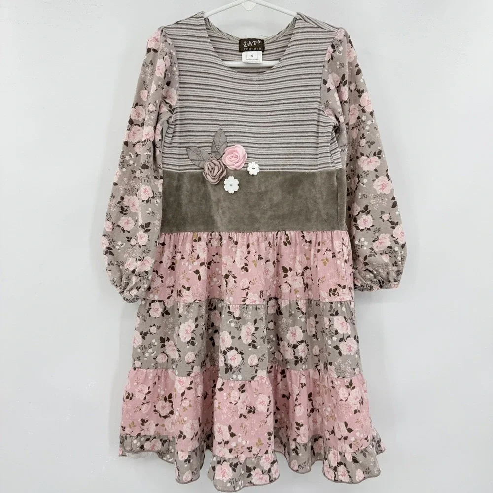 Zaza Couture Girls Striped‎ Floral Tiered Dress Pink Gray Long Sleeve Size 5